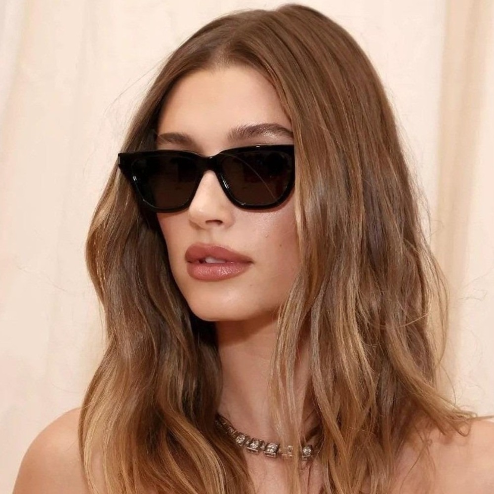 YSL Saint Laurent Square Hailey Bieber Wayfarer Frame Acetate Black Sunglasses
